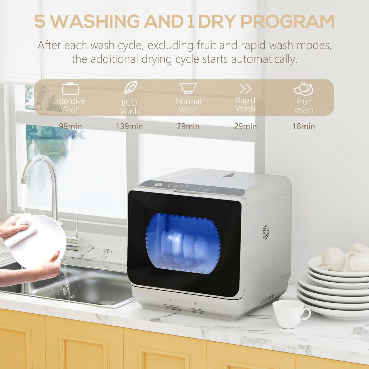 HOMCOM Table Top Dishwasher with Built-in 6L Water Tank, Mini Countertop Dishwasher with 6 Programs, Silver Tone