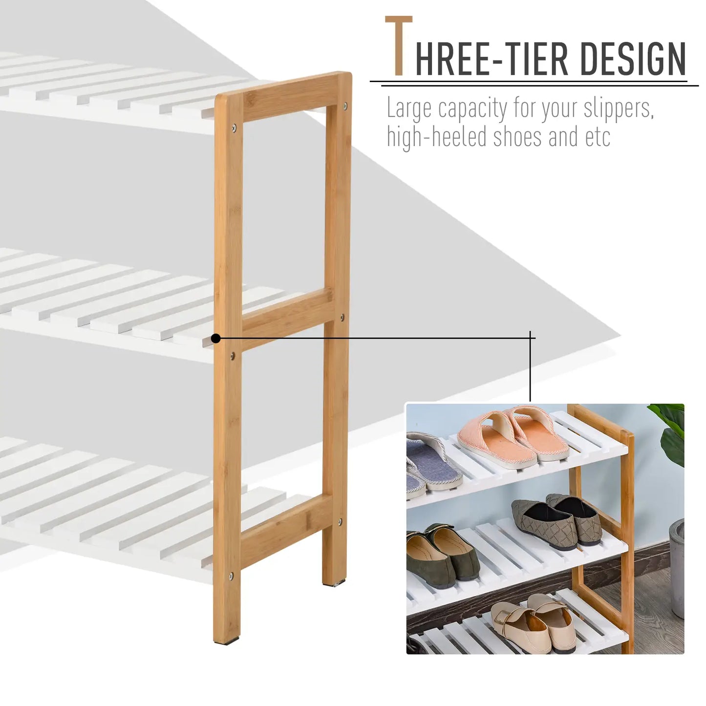 HOMCOM 3-Tier Shoe Rack Wood Frame Slatted Shelves Open Hygienic Storage Home Hallway Furniture - Natural