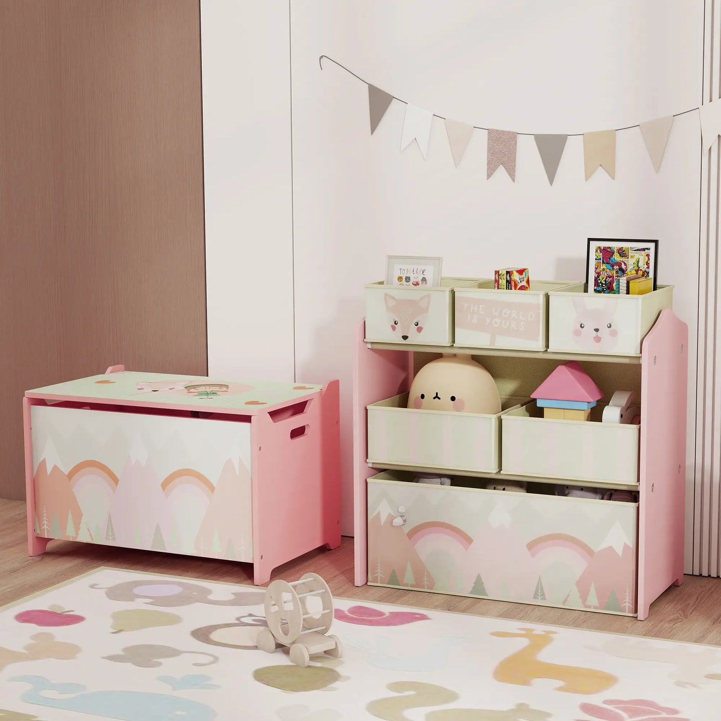 ZONEKIZ Kids Storage Unit, Toy Storage Organiser, with Six Fabric Bins for Bedrooms, Playrooms - Pink