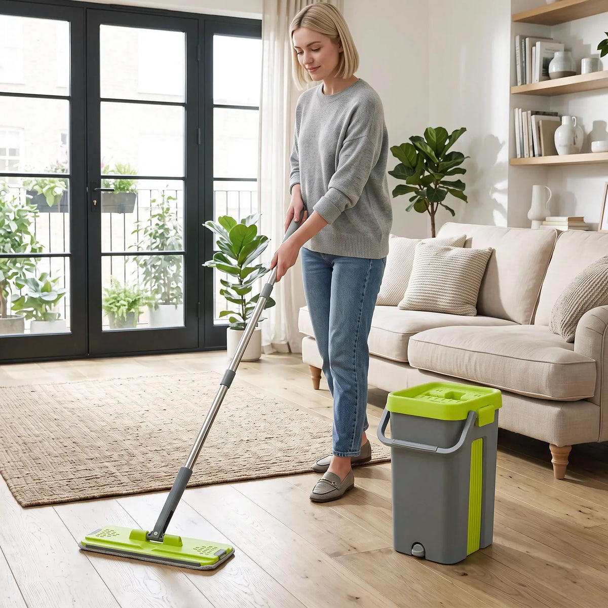 HOMCOM Flat Mop and Bucket with Wringer Set & 2 Chambers, Wet & Dry Use, Dark Grey