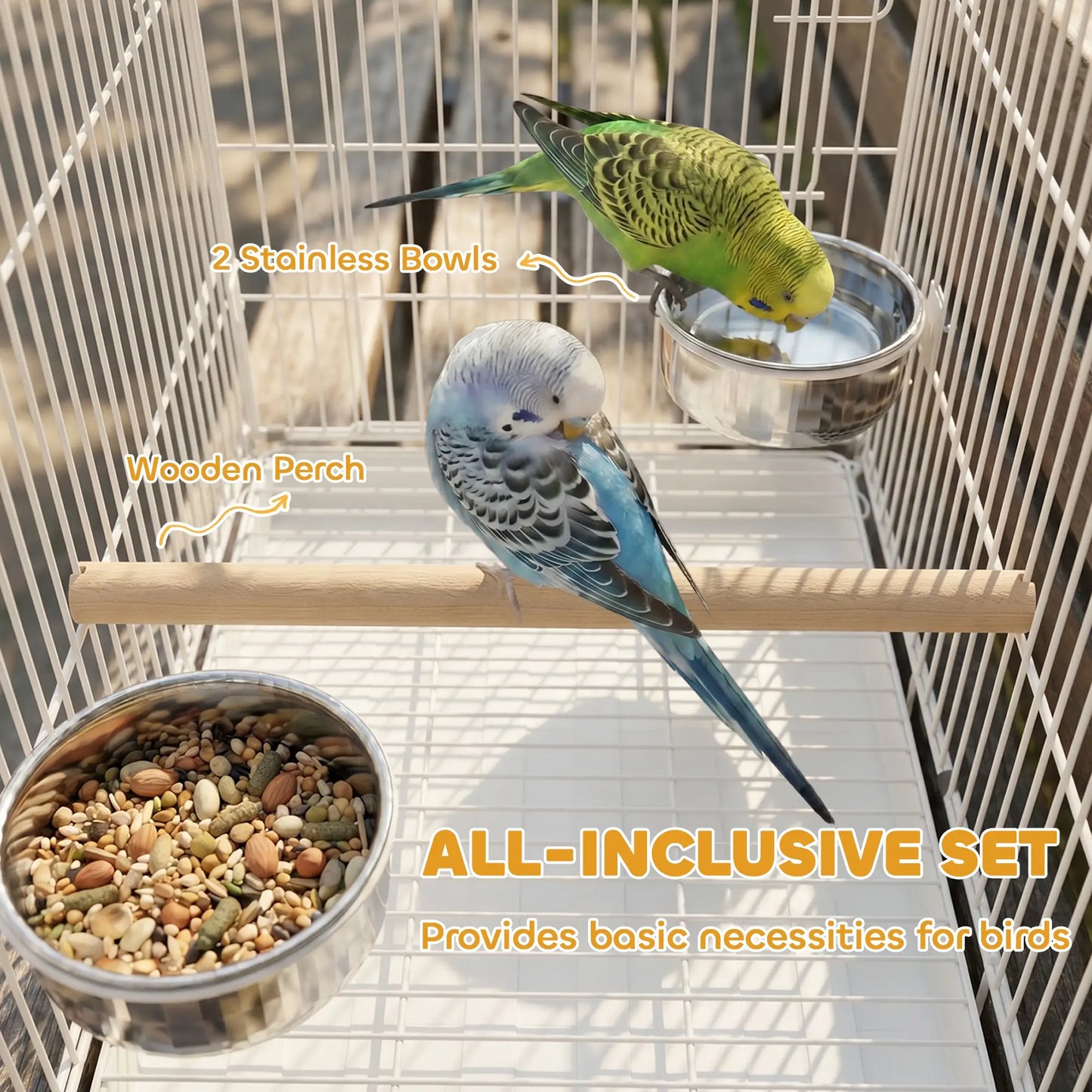 PawHut Bird Cage Foldable Portable Budgie Cage with Wooden Perch 2 Bowls for Travel, White