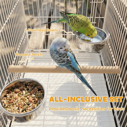 PawHut Bird Cage Foldable Portable Budgie Cage with Wooden Perch 2 Bowls for Travel, White