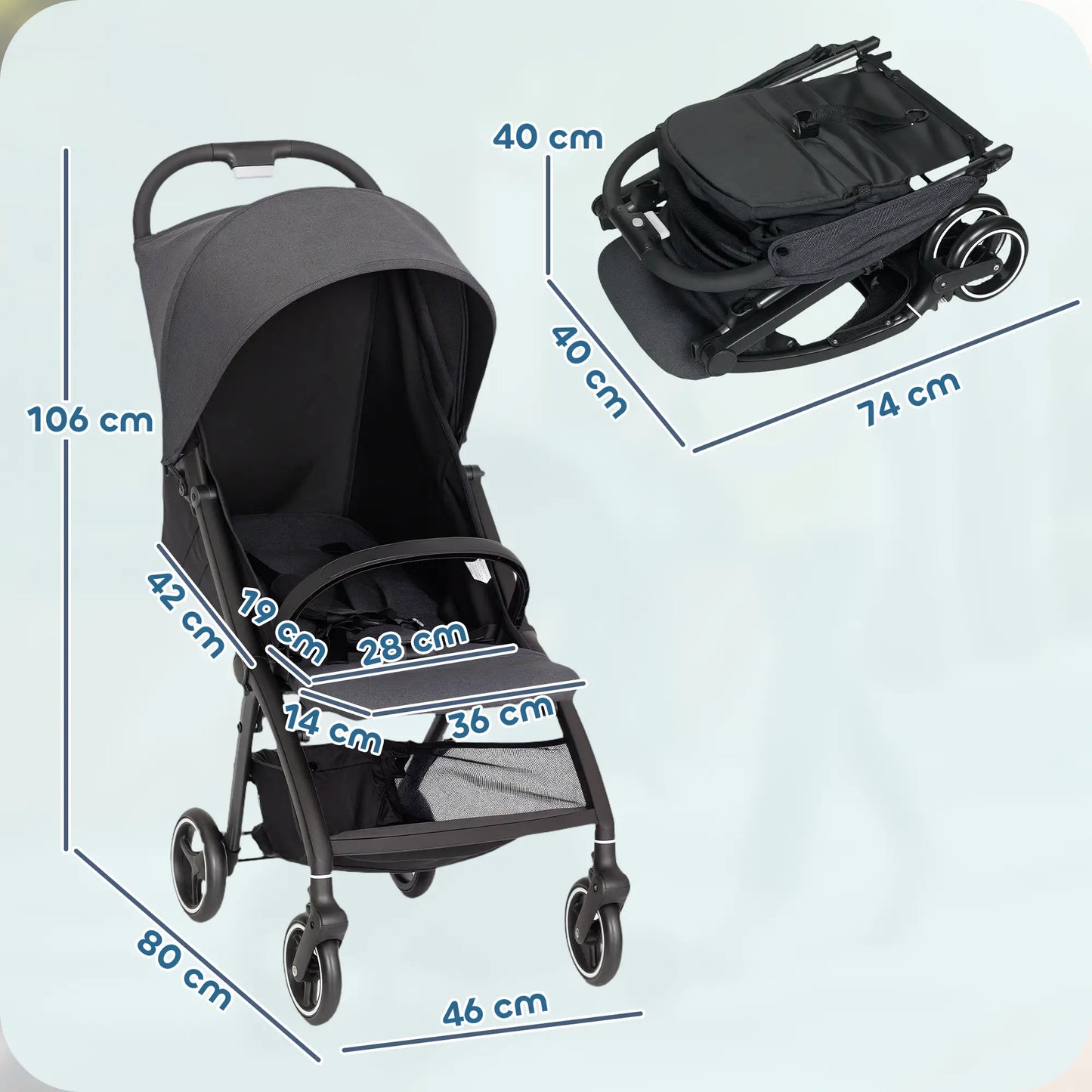 AIYAPLAY Travel Stroller, Lightweight Pushchair, Compact Buggy with Canopy, Basket & Multi-Position Recline, Dark Grey