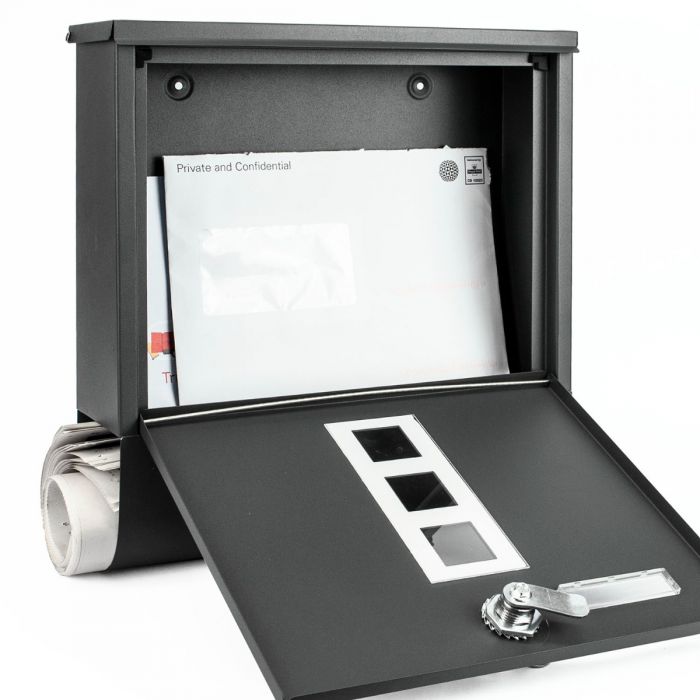 Wall-Mounted Mailbox Galvanised Steel with Secure Lock, 2 Keys & Name Card Slot - Dark Grey