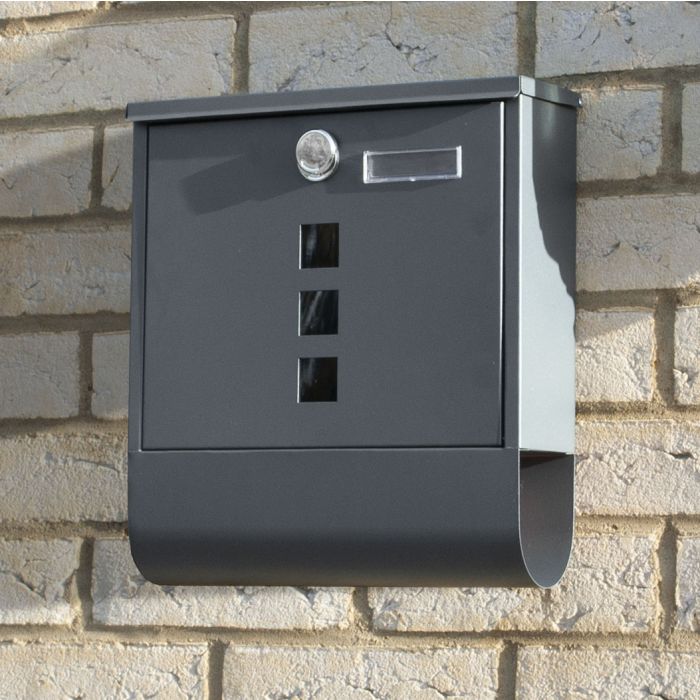 Wall-Mounted Mailbox Galvanised Steel with Secure Lock, 2 Keys & Name Card Slot - Dark Grey