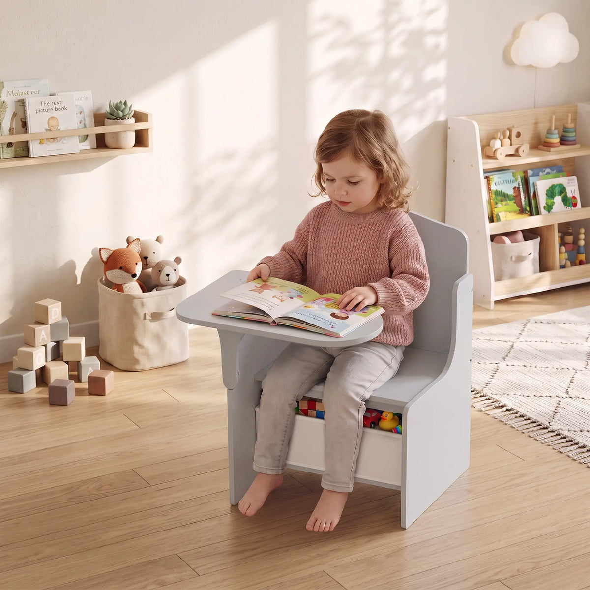 AIYAPLAY Kids Table and Chair Set, Children Desk with Storage Bins for Playing, Reading for Ages 3-5, Grey
