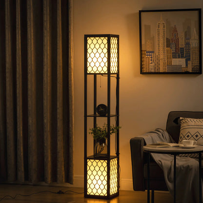 HOMCOM Floor Lamp with Shelves, Modern Tall Standing Lamp with Fabric Lampshade and Dual Light, Black