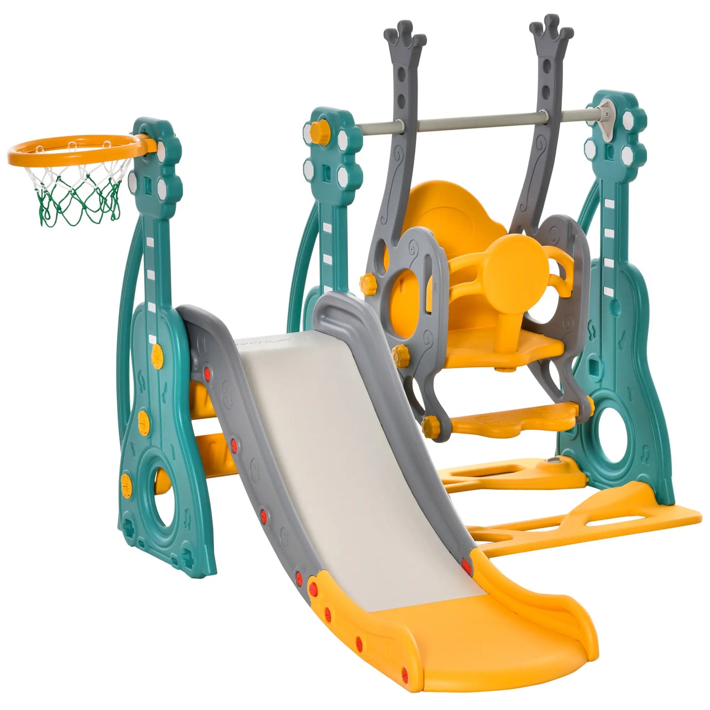 HOMCOM 3-IN-1 Kids Swing & Slide Set with Basketball Hoop Slide Swing Adjustable Seat Height Toddler Activity Indoor & Outdoor Play