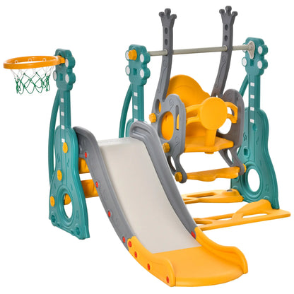 HOMCOM 3-IN-1 Kids Swing & Slide Set with Basketball Hoop Slide Swing Adjustable Seat Height Toddler Activity Indoor & Outdoor Play