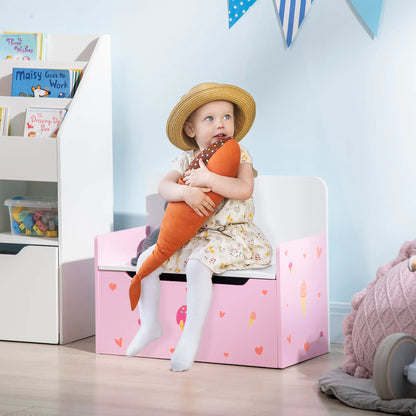 ZONEKIZ 2-in-1 Kids Wooden Storage Chest Bench, Toy Organiser Box w/ Safety Rod - Pink