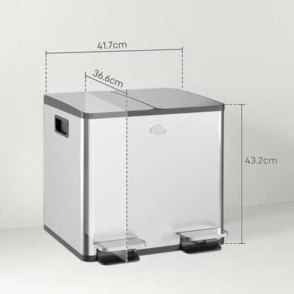 HOMCOM 30L Dual Compartment Stainless Steel Kitchen Bin with Deodoriser Holders - Silver Tone