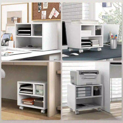HOMCOM Three-Compartment Office Storage Printer Cabinet with Wheels - White