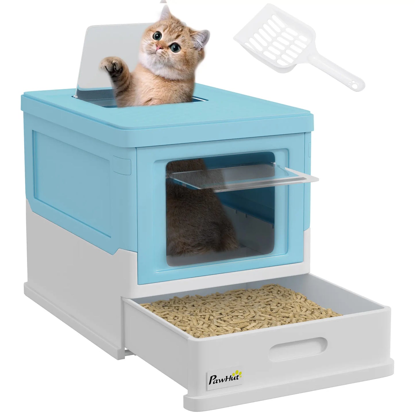 PawHut Hooded Cat Litter Box, Portable Pet Toilet, with Scoop, Front Entry - Light Blue