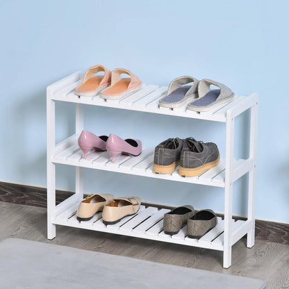 HOMCOM 3-Tier Shoe Rack Wood Frame Slatted Shelves Spacious Open Hygienic Storage Home Hallway Furniture - White