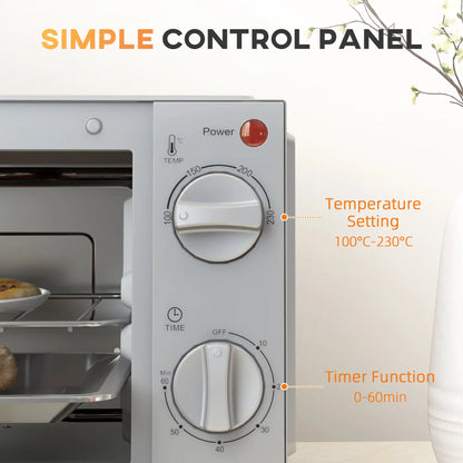 HOMCOM Mini Oven, 9L Countertop Electric Grill, Toaster Oven with Timer, Dishwasher Safe, 750W, Silver