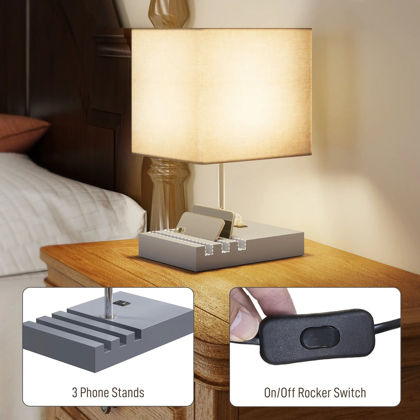 HOMCOM Bedside Lamp with USB A+C Charging Ports & 3 Phone Stands, Table Lamp with Wood Base, Grey