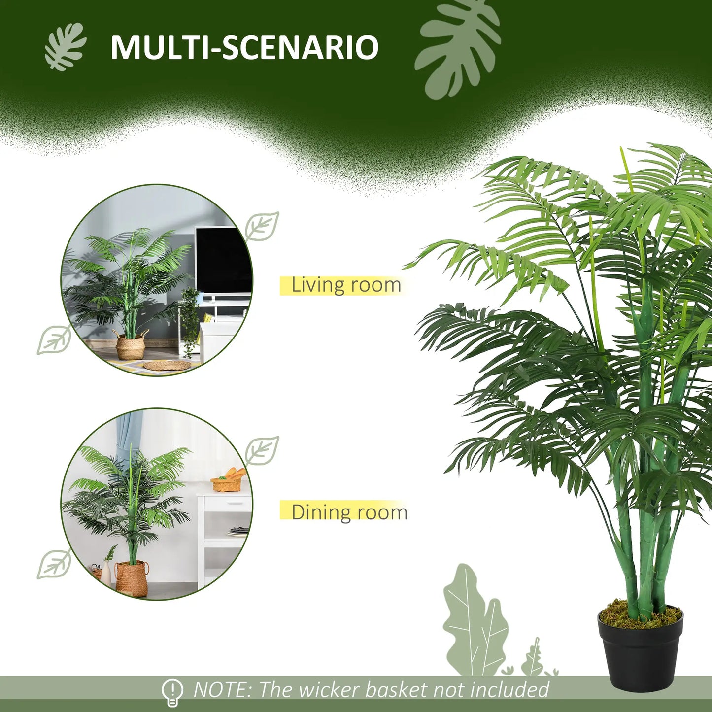 Outsunny Artificial Palm Plant Decorative Tree with Nursery Pot, Fake Plastic Indoor Home Office Décor, Green