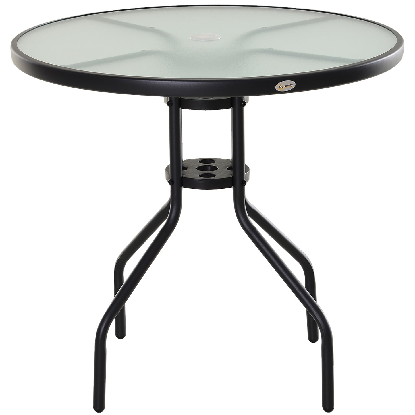 Outsunny Round Garden Dining Table with Parasol Hole for Outdoor Bistro Side Table with Tempered Glass Top for Patio, Porch, Black