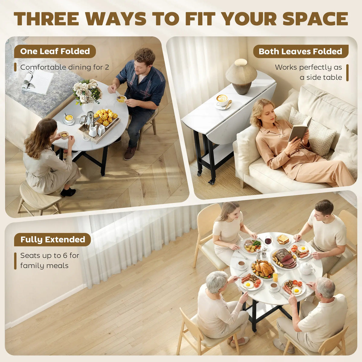 HOMCOM Folding Dining Table, Drop Leaf Table with Open Shelf, Rolling Kitchen Table for Small Spaces, White Marble