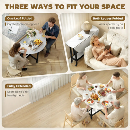 HOMCOM Folding Dining Table, Drop Leaf Table with Open Shelf, Rolling Kitchen Table for Small Spaces, White Marble