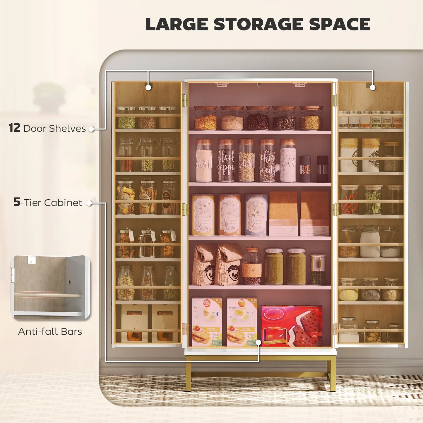HOMCOM 5 Tiers Kitchen Cupboard, Freestanding Kitchen Cabinet with Double Doors, 12 Spice Racks, White