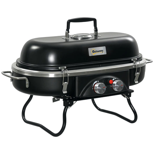 Outsunny Foldable Gas BBQ Grill 2 Burner Table Top Barbecue with Lid for Camping Picnic Cooking, Aluminium Alloy