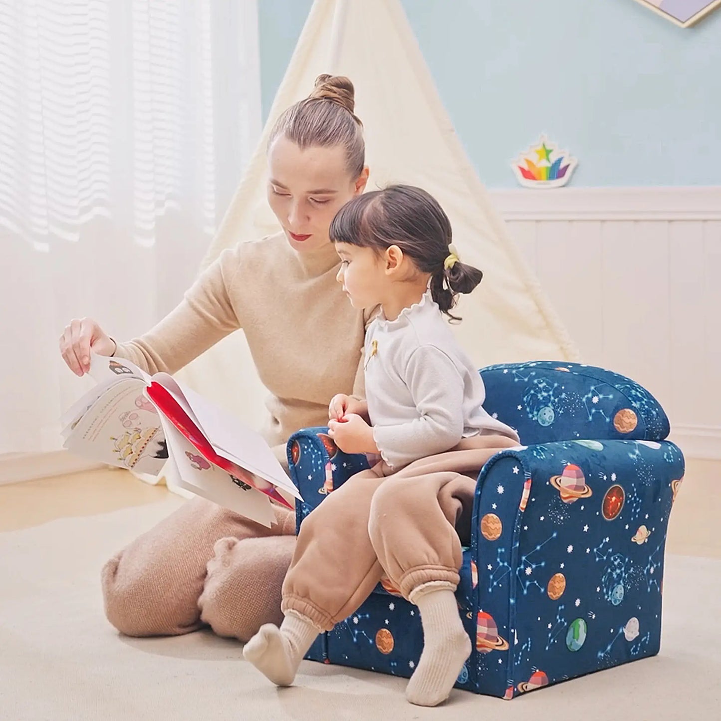 HOMCOM Kids Planet-Themed Armchair, with Non-Slip Feet, Wooden Frame - Blue