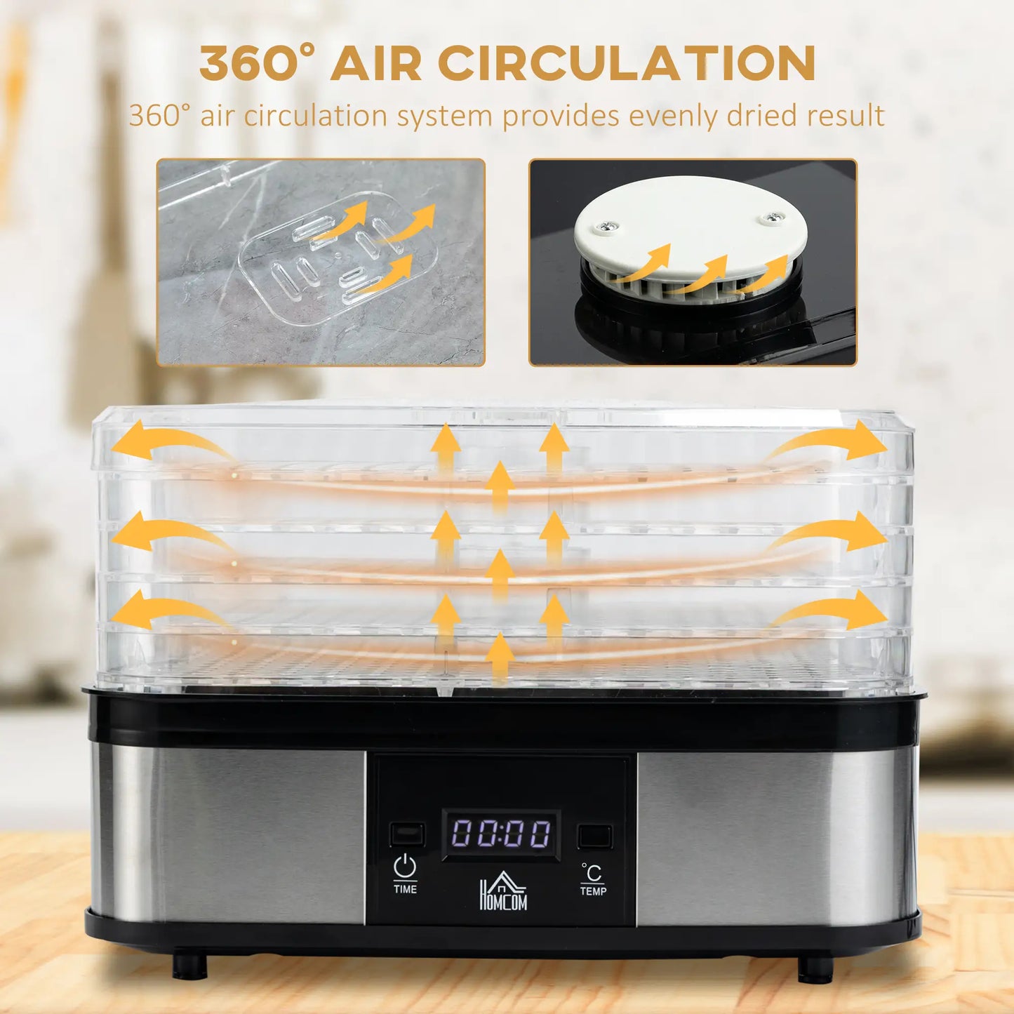 HOMCOM 5 Tier Food Dehydrator, 245W Stainless Steel Food Dryer with Adjustable Temperature, Timer & LCD Display, Black