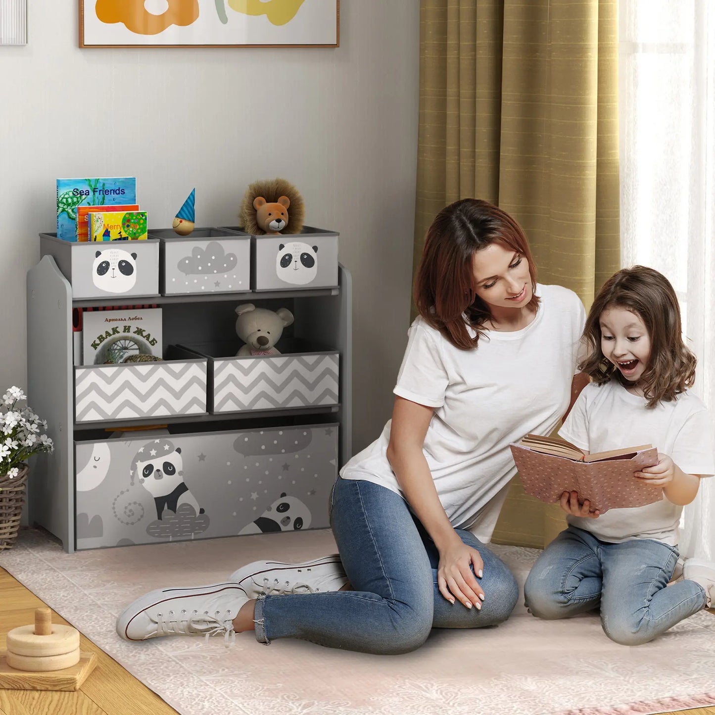 ZONEKIZ Kids Storage Unit, Toy Storage Organiser with Six Fabric Bins for Bedrooms, Playrooms - Grey