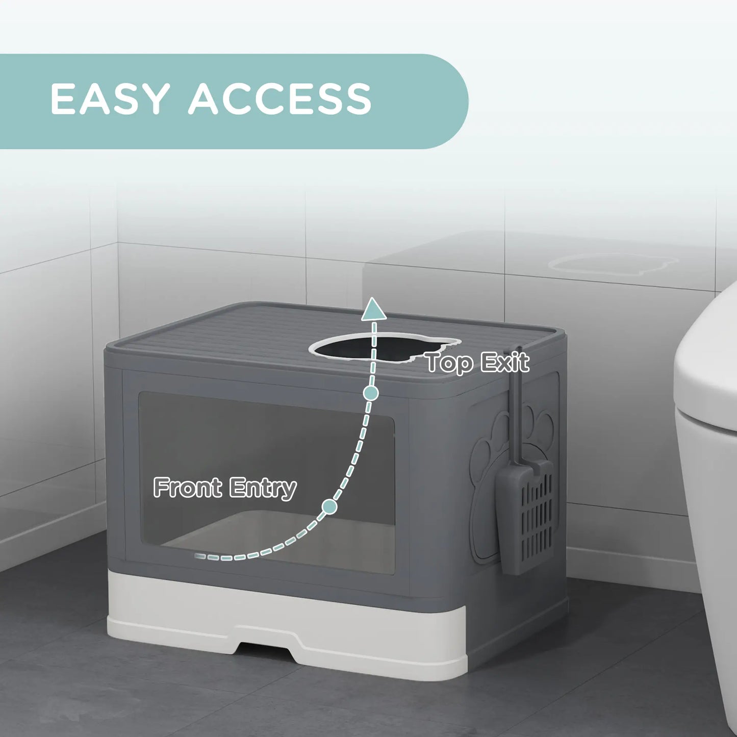 PawHut Enclosed Cat Litter Box with Lid, Front Entry, Top Exit, Drawer, Tray, Scoop, Brush - Grey