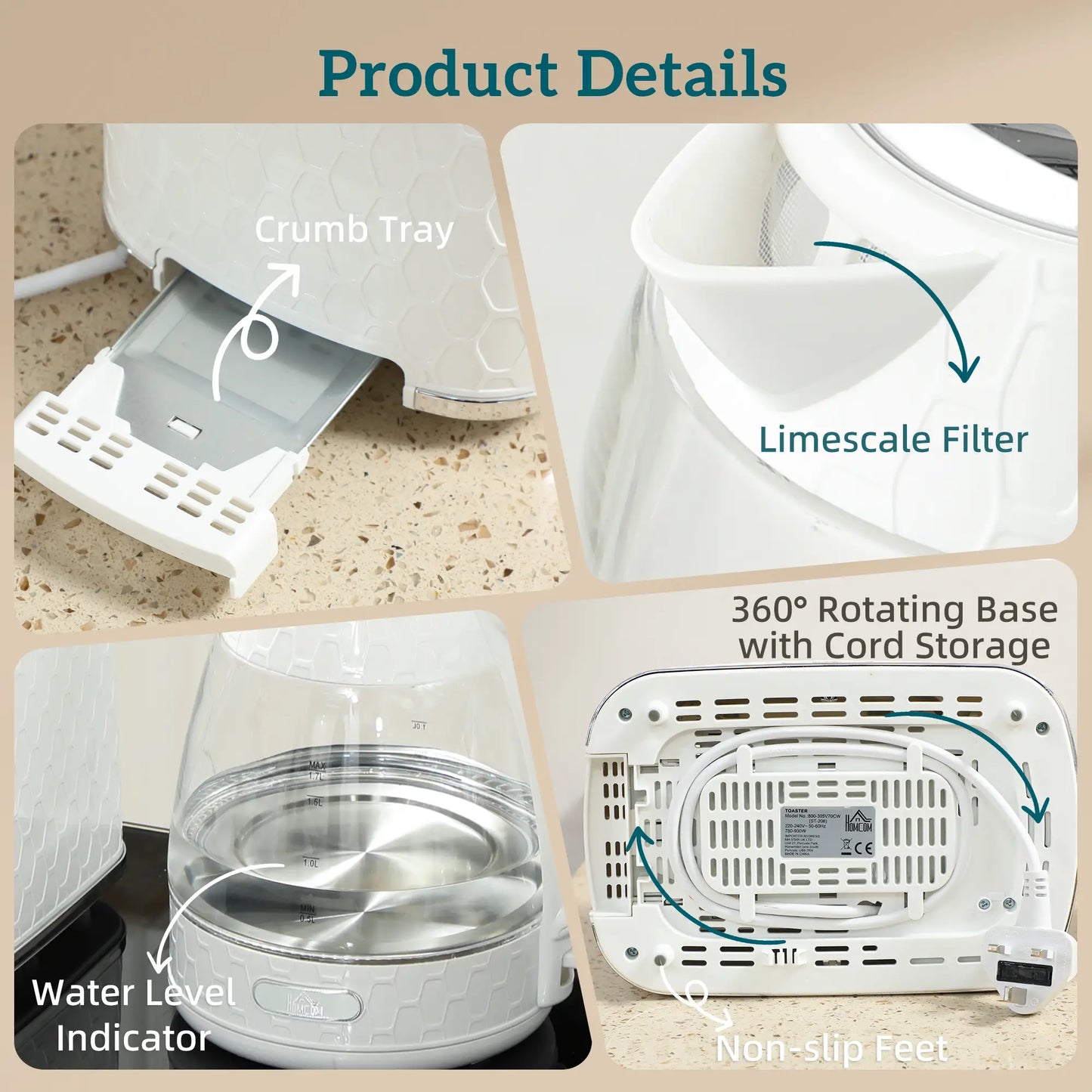 HOMCOM Kettle and Toaster Set, 1.7L 3000W Rapid Kettle with Limescale Filter, 2 Slice Toaster, Cream