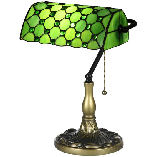 HOMCOM Stained Glass Table Lamp, Vintage Antique Bedside Lamp with Green Handmade Shade, Metal Base, Bedroom Living Room Home Decoration