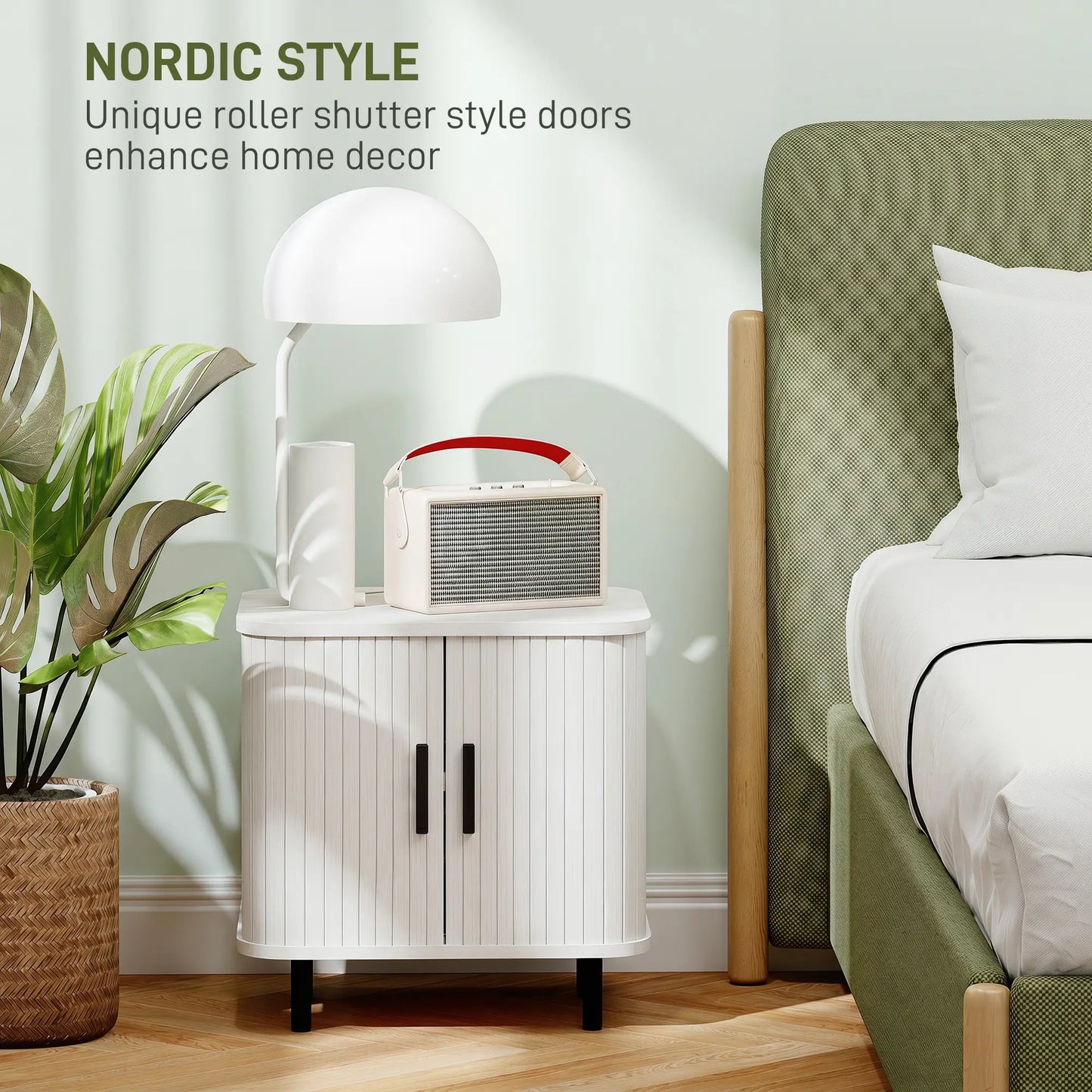 HOMCOM Nightstand Bedside Table with Sliding Doors and Metal Legs, White Wood Effect