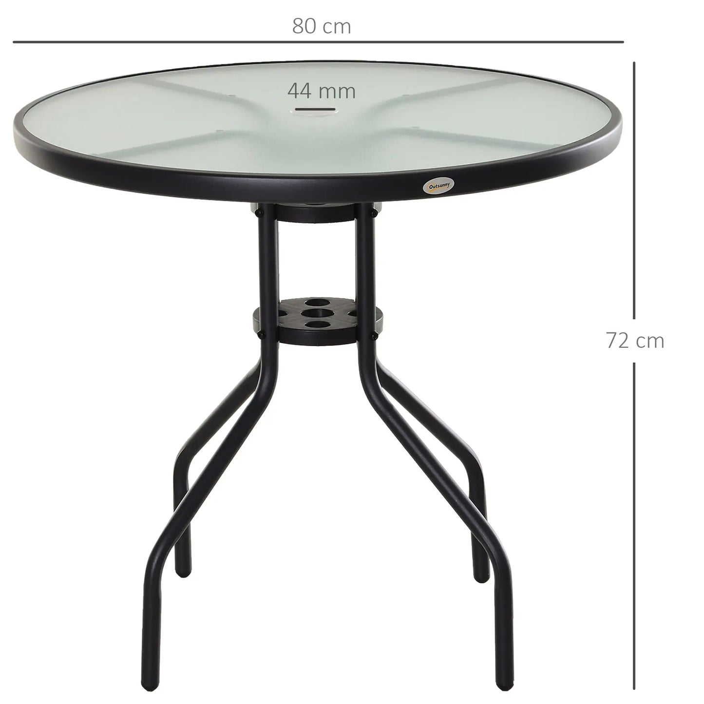 Outsunny Round Garden Dining Table with Parasol Hole for Outdoor Bistro Side Table with Tempered Glass Top for Patio, Porch, Black