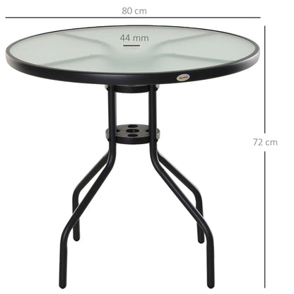 Outsunny Round Garden Dining Table with Parasol Hole for Outdoor Bistro Side Table with Tempered Glass Top for Patio, Porch, Black