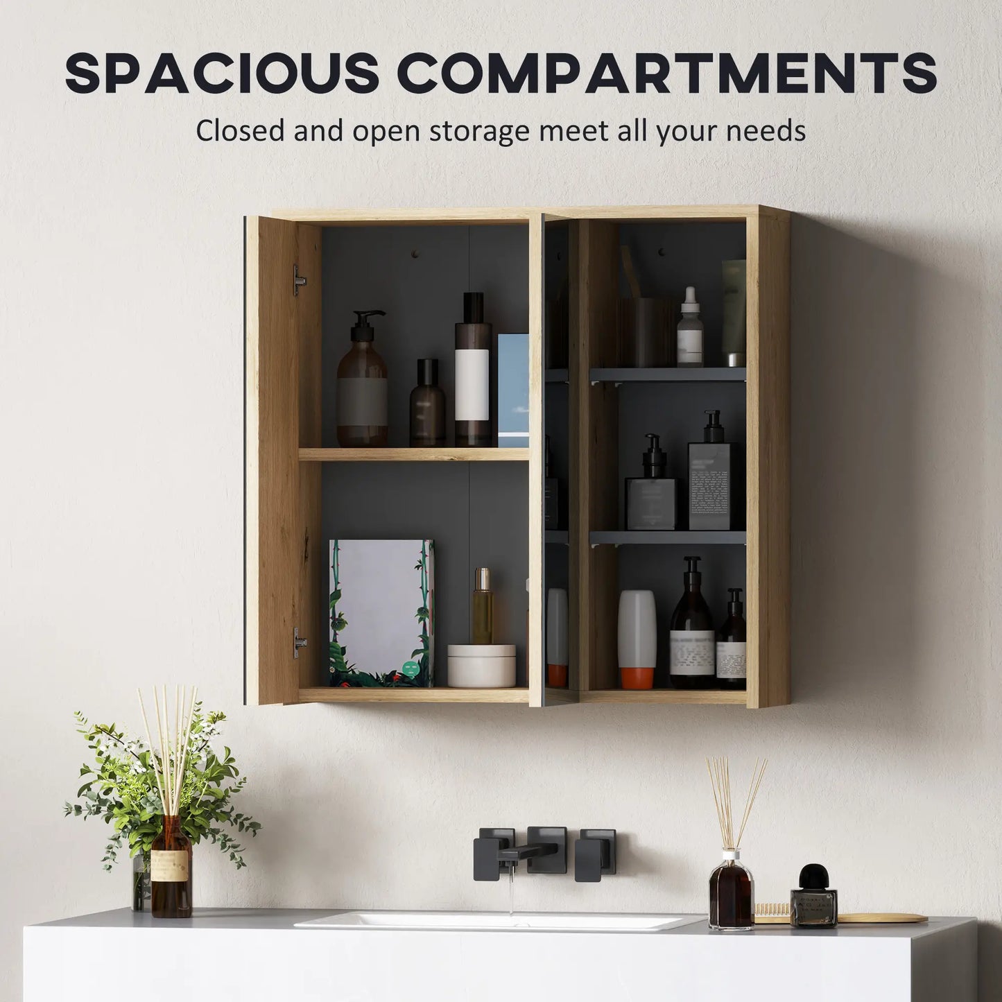 HOMCOM Five-Shelf Mirrored Bathroom Storage Mirror Cabinet - Wood-Effect