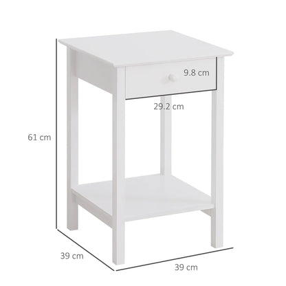HOMCOM Wooden Side Table, Bedside Cabinet with Drawer and Storage Shelf for Bedroom, White