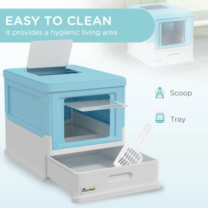 PawHut Hooded Cat Litter Box, Portable Pet Toilet, with Scoop, Front Entry - Light Blue