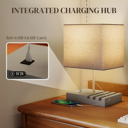 HOMCOM Bedside Lamp with USB A+C Charging Ports & 3 Phone Stands, Table Lamp with Wood Base, Grey
