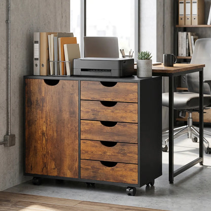 HOMCOM Multi-Storage Mobile Office Storage Cabinet with Five Wheels- Rustic Brown