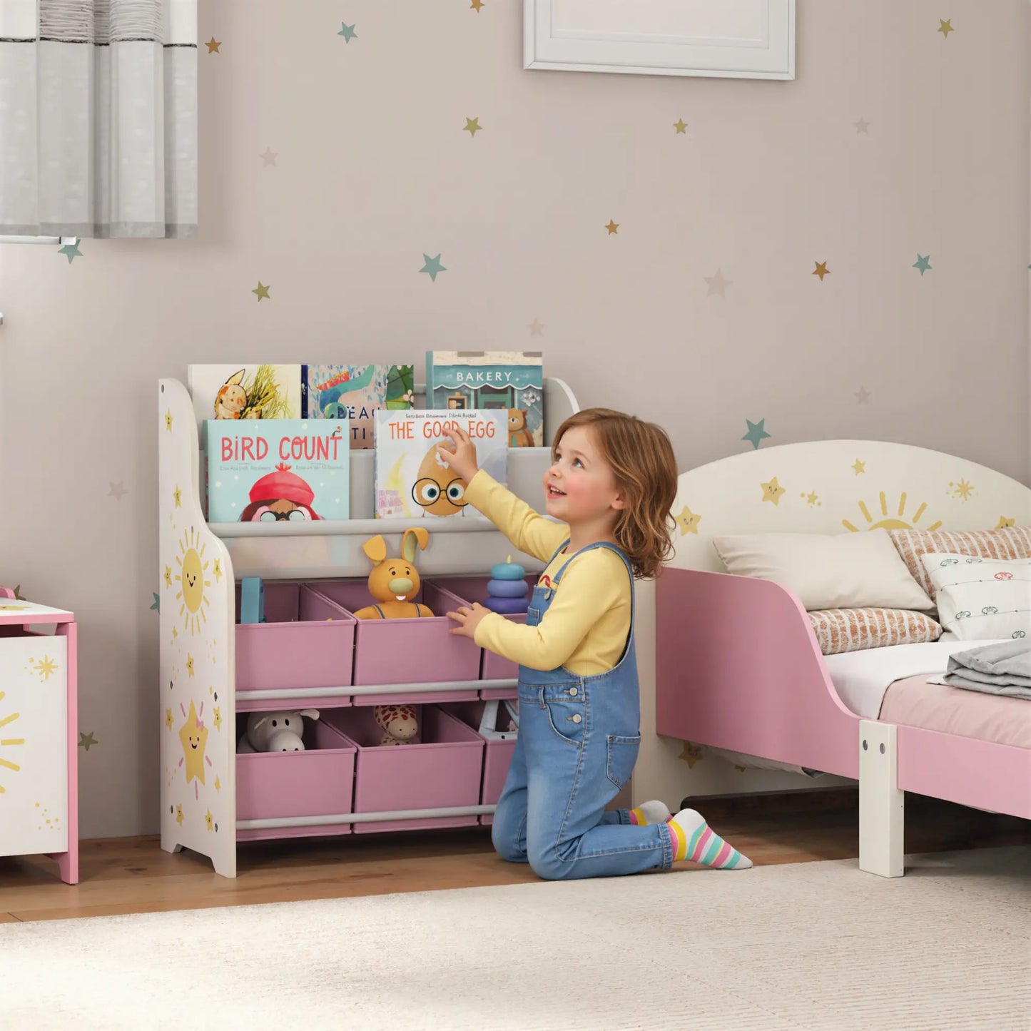 AIYAPLAY Kids Storage Unit, Toy Organiser with 6 Fabric Drawers and 2-Tier Sling Book Rack for Bedroom, Playroom, Pink