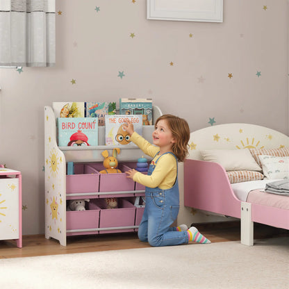 AIYAPLAY Kids Storage Unit, Toy Organiser with 6 Fabric Drawers and 2-Tier Sling Book Rack for Bedroom, Playroom, Pink
