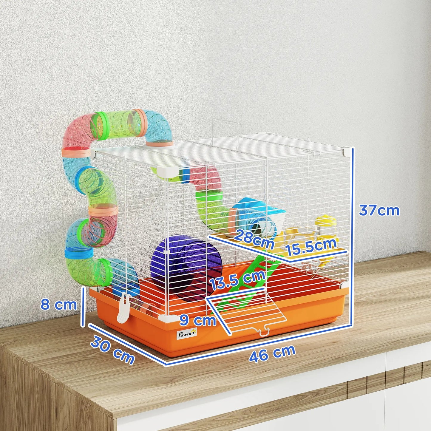 PawHut 2 Tier Hamster Cage, Gerbil Cage with Handle, Exercise Wheels, Tunnel, Water Bottle, Ladder for Dwarf