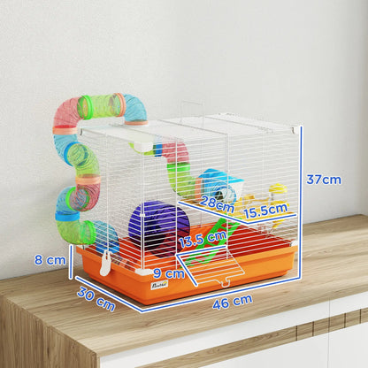 PawHut 2 Tier Hamster Cage, Gerbil Cage with Handle, Exercise Wheels, Tunnel, Water Bottle, Ladder for Dwarf