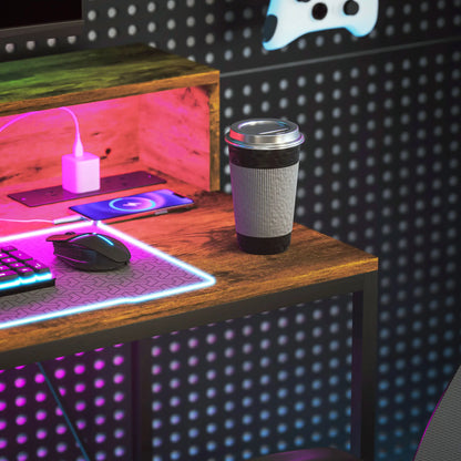 HOMCOM Computer Desk Table with LED Lights and Power Outlets, Gaming Desk with Monitor Stand & Remote for Home Office, Rustic Brown