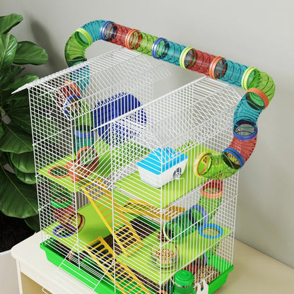 PawHut Hamster Cage, 5 Tier Carrier Habitat with Exercise Wheels Tunnel Tube, Gerbil Cage for Dwarf Mice, Green