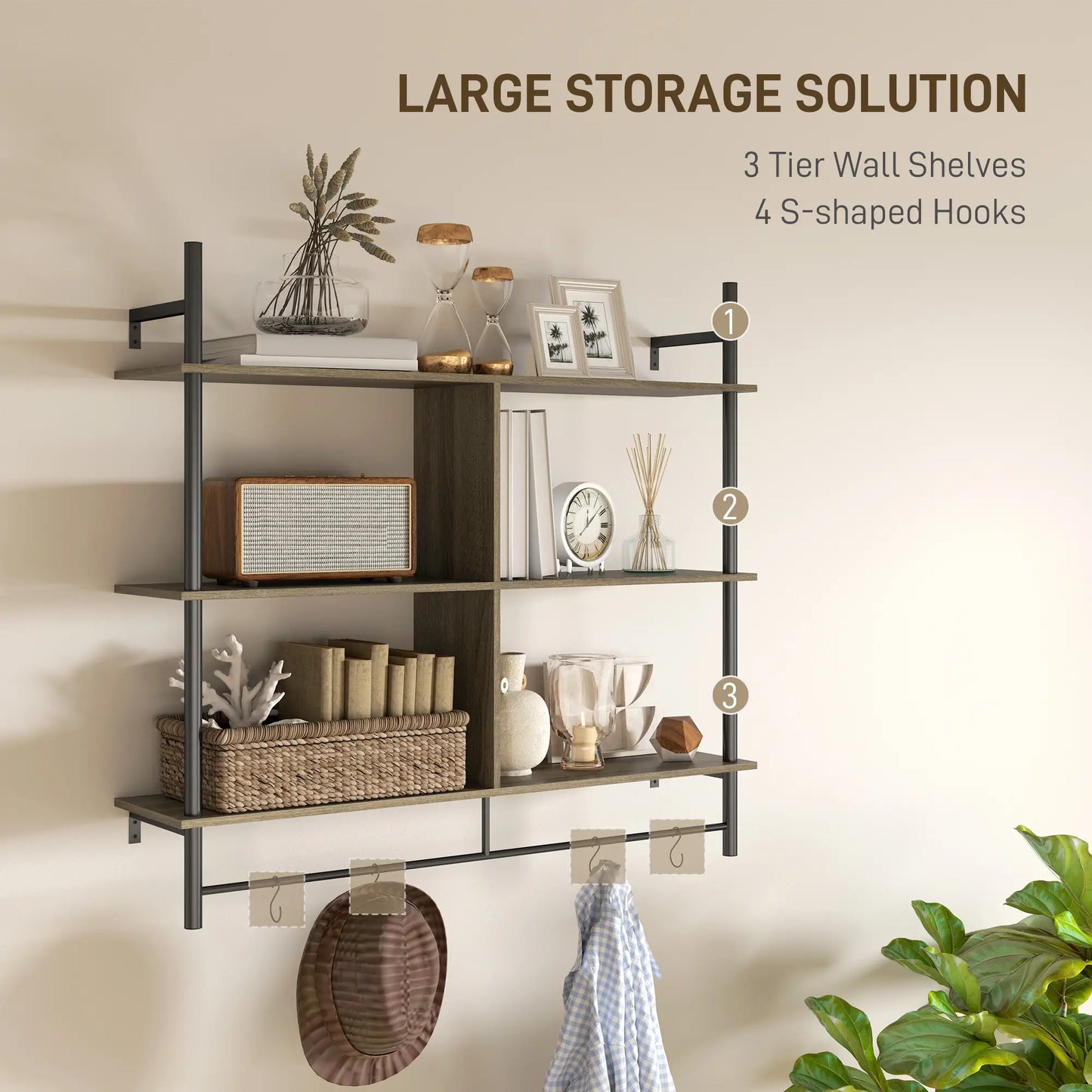 HOMCOM Three-Tier Floating Shelf Wall Mount Home Furniture - Grey Wood Effect