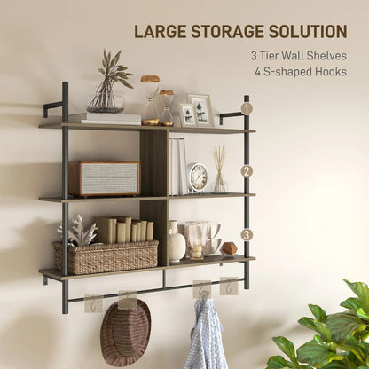 HOMCOM Three-Tier Floating Shelf Wall Mount Home Furniture - Grey Wood Effect