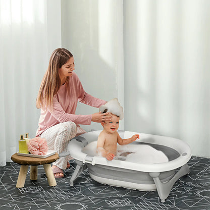 HOMCOM Foldable Baby Bathtub Set, Collapsible Bath Tub with Thermostatic Water Plug, Non-Slip Support for Newborn To 3 Years