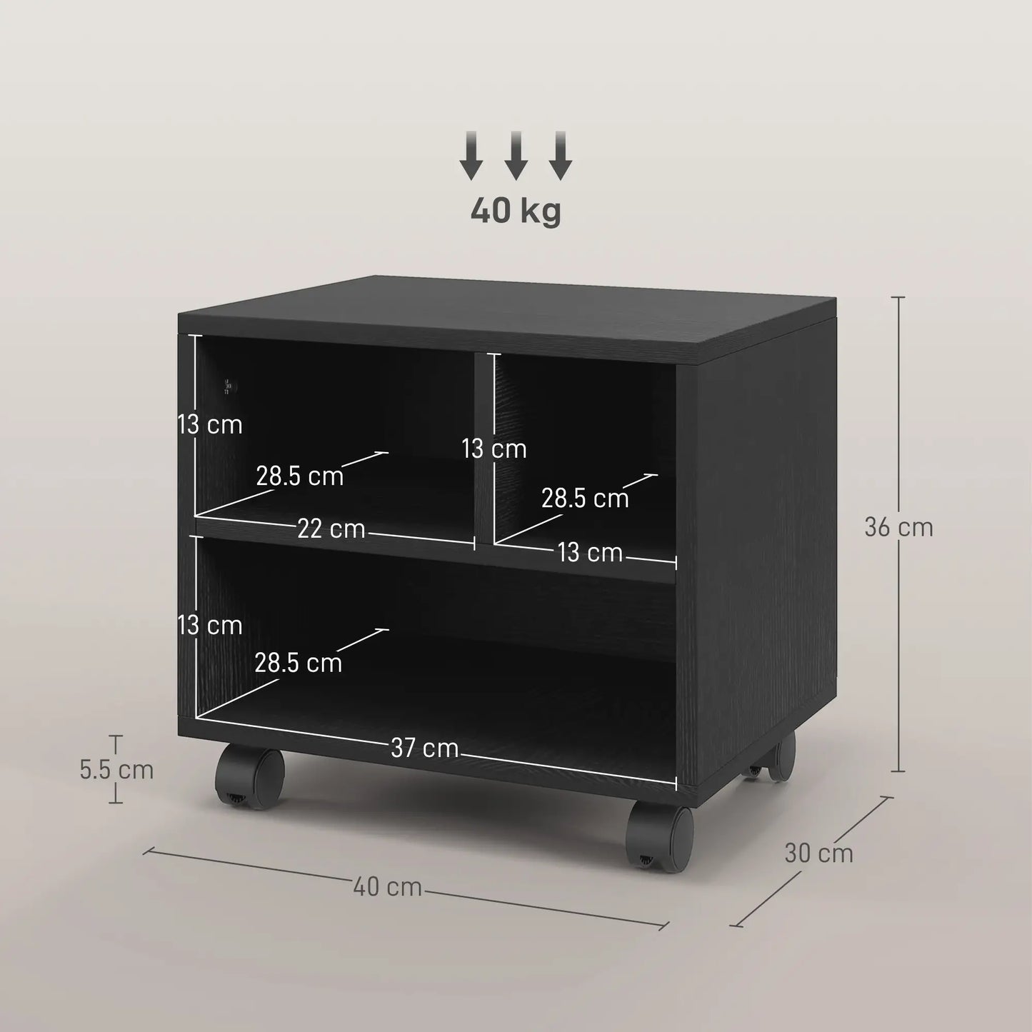 HOMCOM Three-Compartment Office Storage Printer Cabinet, with Wheels - Black